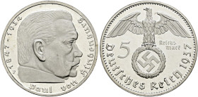 Drittes Reich. . 
5 Reichsmark 1937 F. Hindenburg mit HK. J. 367.
Polierte Platte