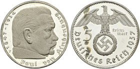 Drittes Reich. . 
5 Reichsmark 1937 F. Hindenburg mit HK. J. 367.
feinst zaponiert, Polierte Platte