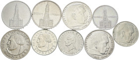 Drittes Reich. . 
Lot (9 Stücke): 5 RM 1933 A und 2 RM 1933 G Luther, 2 RM 1934 F Schiller, 2 x 5 RM (1 x mit Datum) und 1x 2 RM Garnisonskirche sowi...