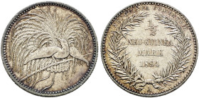 Nebengebiete. DEUTSCH-NEUGUINEA. 
1/2 Neu-Guinea Mark 1894 A. J. 704.
feine Tönung, kleine Kratzer, sehr schön-vorzüglich