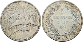 Nebengebiete. DEUTSCH-NEUGUINEA. 
5 Neuguinea-Mark 1894 A. J. 707.
leicht berieben, minimale Randfehler, gutes sehr schön