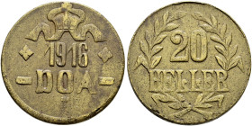 Nebengebiete. DEUTSCH-OSTAFRIKA. 
20 Heller 1916 -Tabora-. Messing-Notmünze. Mit vollständigem "LL". J. 726b.
selten, sehr schön