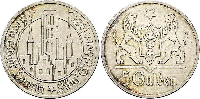 Nebengebiete. DANZIG. 
5 Gulden 1923. Marienkirche. J. D 9.
kleine Kratzer, vo...