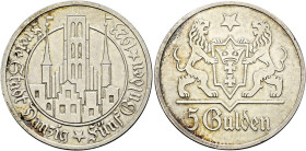 Nebengebiete. DANZIG. 
5 Gulden 1923. Marienkirche. J. D 9.
kleine Kratzer, vorzüglich