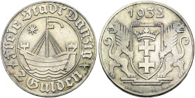 Nebengebiete. DANZIG. 
2 Gulden 1932. Kogge. J. D 16.
kleine Randfehler, gutes sehr schön
