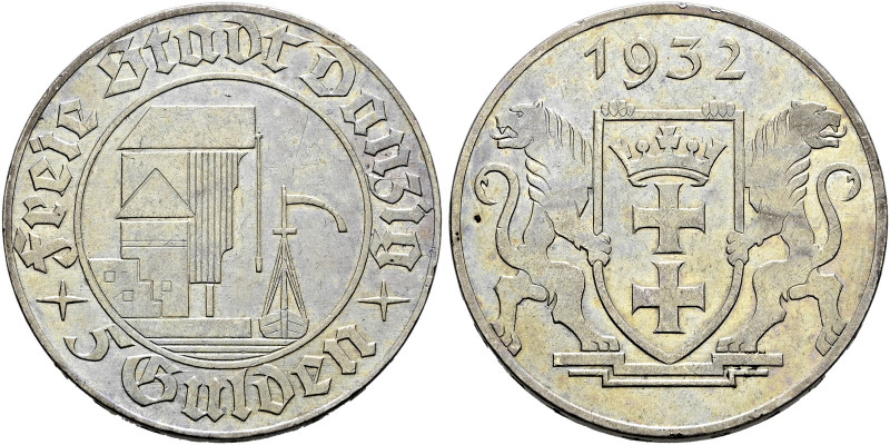 Nebengebiete. DANZIG. 
5 Gulden 1932. Krantor. J. D 18.
selten, leichte Tönung...