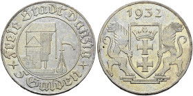 Nebengebiete. DANZIG. 
5 Gulden 1932. Krantor. J. D 18.
selten, leichte Tönung, kleine Kratzer und Randfehler, sehr schön-vorzüglich