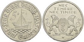 Nebengebiete. DANZIG. 
5 Gulden 1935. Kogge. -Nickel-. J. D 19.
kleine Kratzer, sehr schön-vorzüglich
