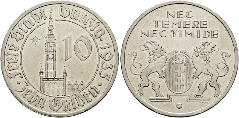 Nebengebiete. DANZIG. 
10 Gulden 1935. Rathaus. -Nickel-. J. D 20.
selten, kle...