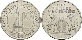 Nebengebiete. DANZIG. 
10 Gulden 1935. Rathaus. -Nickel-. J. D 20.
selten, kleine Kratzer und Randfehler, sehr schön-vorzüglich
