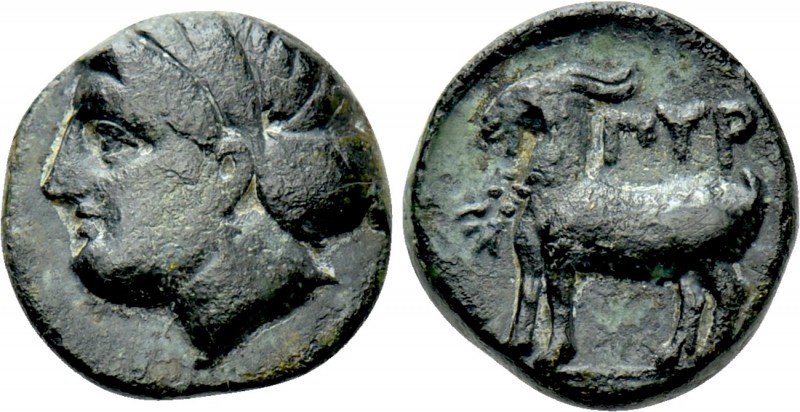 LESBOS. Pyrrha. Ae (4th century BC). 

Obv: Female head left, wearing sphendon...