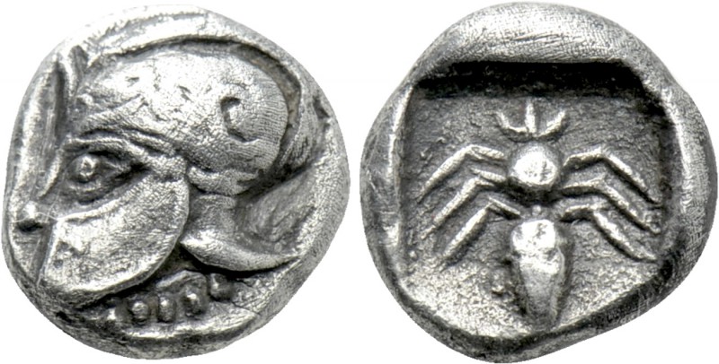 IONIA. Uncertain. Obol(?) (Circa 5th century BC).

Obv: Helmeted head left.
R...