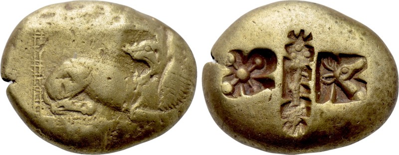 IONIA. Miletos. EL Stater (Circa 600-550 BC).

Obv: Lion reclining right, head...