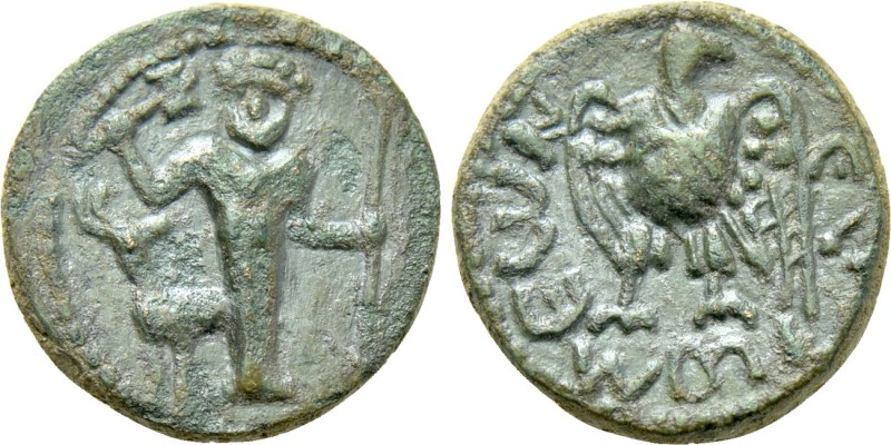 CARIA. Euromos. Ae (1st century BC).

Obv: Facing statue of Zeus, with labrys ...
