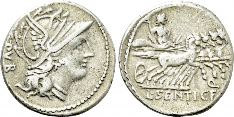 L. SENTIUS C.F. Denarius (101 BC). Rome. 

Obv: ARG PVB. 
Helmeted head of Ro...