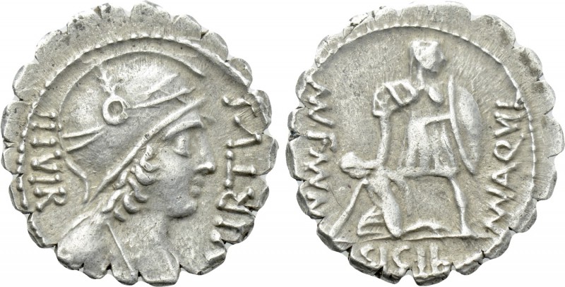 MN. AQUILIUS MN.F. MN.N. Serrate Denarius (65 BC). Rome. 

Obv: VIRTVS III VIR...