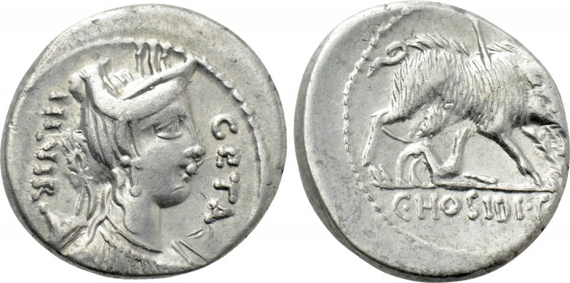 C. HOSIDIUS C.F. GETA. Serrate Denarius (64 BC). Rome. 

Obv: III VIR / GETA. ...