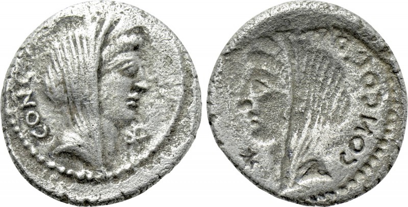 L. MUSSIDIUS LONGUS. Denarius (42 BC). Rome. Obverse brockage. 

Obv: CONCORDI...