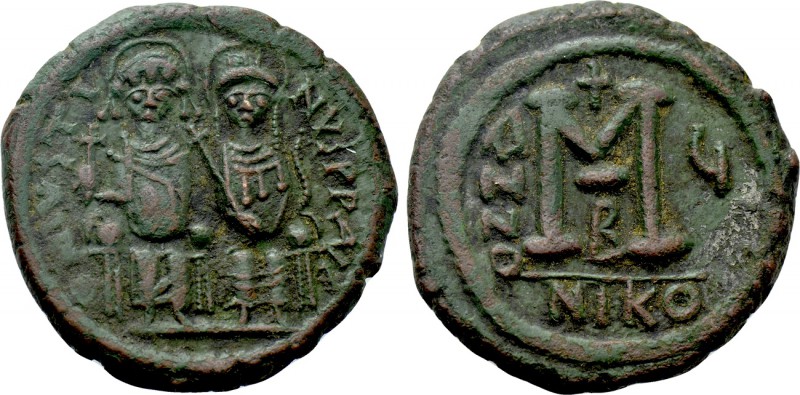 JUSTIN II with SOPHIA (565-578). Follis. Nicomedia. Dated RY 5 (569/70). 

Obv...