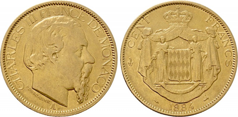 MONACO. Charles III (1856-1889). GOLD 100 Francs (1884-A). Paris. 

Obv: CHARL...