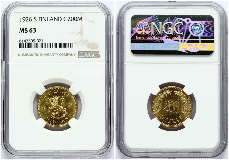 Finland. 200 Markkaa 1926 S. Gold 8.42 g. Fr. 7; KM 29. NGC MS 63