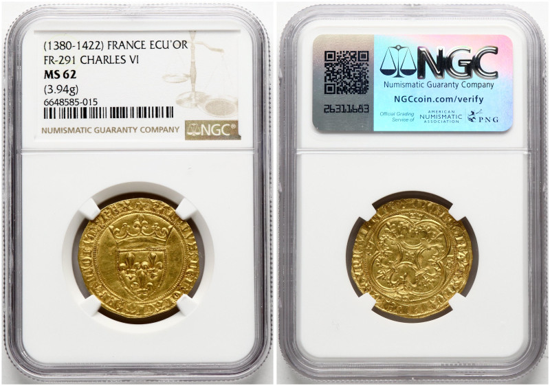 France. Charles VI (1380-1422). Ecu d'Or ND (1380-1422). Gold 3.94 g. FR 291. NG...