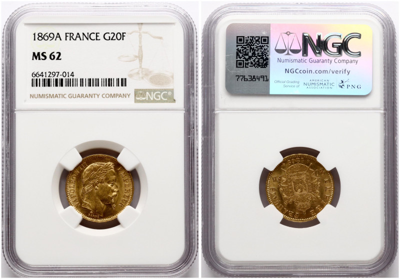 France. Napoleon III (1852-1870). 20 Francs 1869 A. Gold. KM 801, Fr 585. NGC MS...