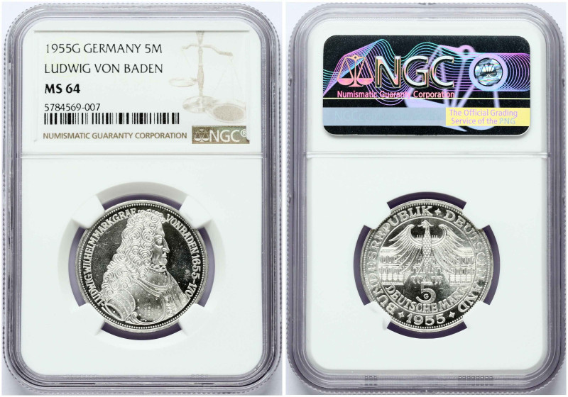 Germany, Federal Republic. 5 Mark 1955 G Ludwig von Baden - 300 years. Silver. K...