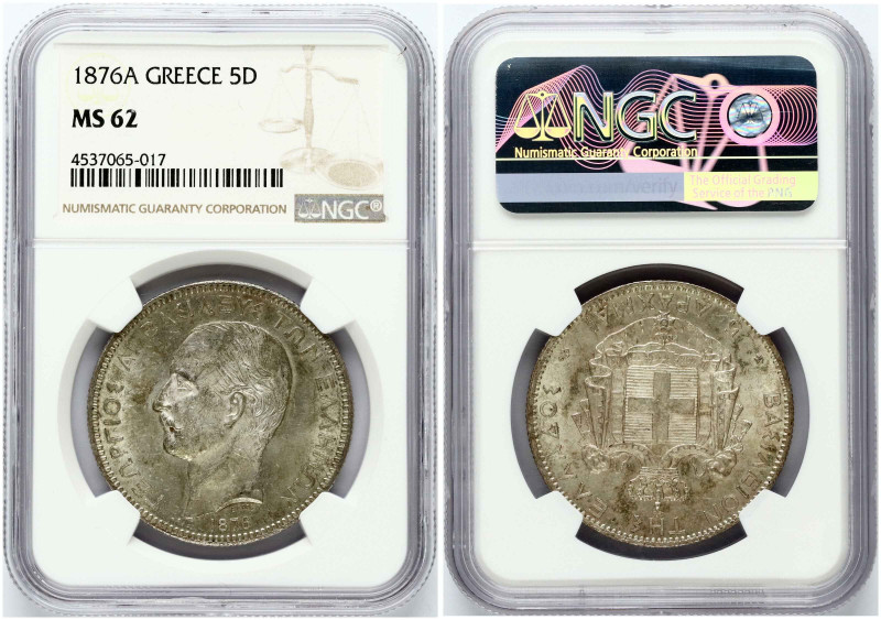 Greece. George I (1863-1913). 5 Drachmai 1876 A. Silver. KM 46. NGC MS 62