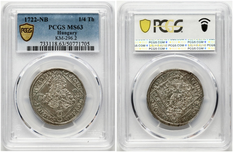 Hungary. Charles III (1711-1740). 1/4 Taler 1722 NB. Silver. KM 296.2. PCGS MS 6...