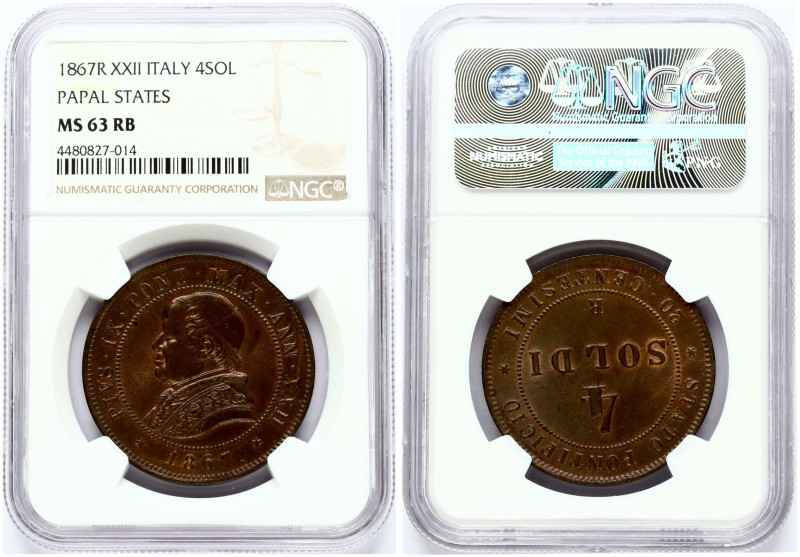 Italy, Vatican. Pius IX (1846-1870). 4 Soldi 1867-XXII R. Copper. KM 1374. NGC M...