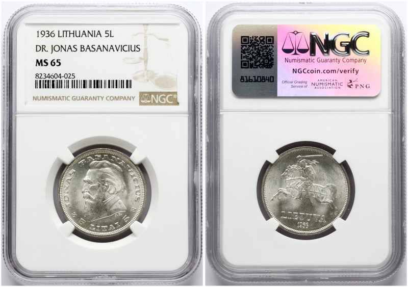 Lithuania. 5 Litai 1936 Jonas Basanavicius. Silver. KM 82. NGC MS 65.