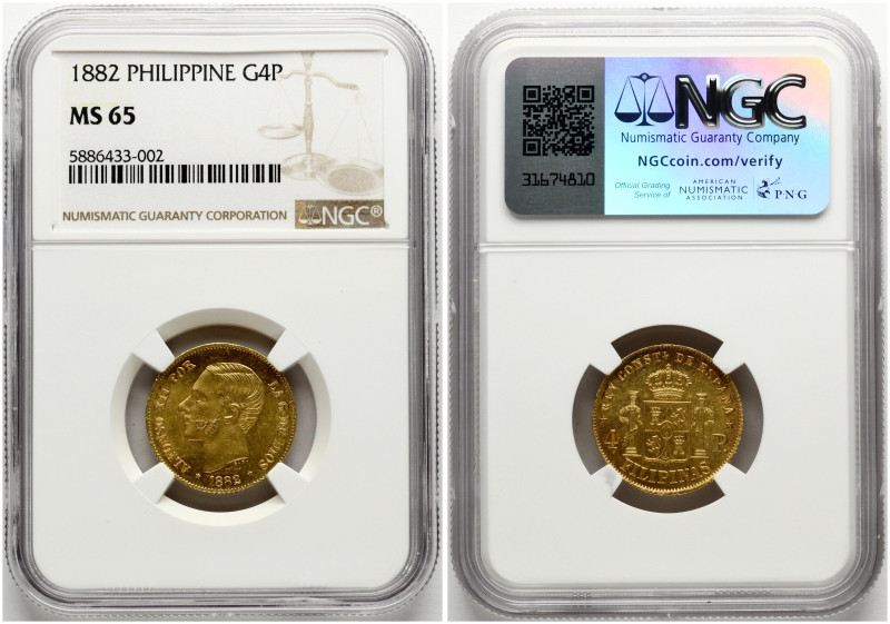 Philippines. Alfonso XII (1874-1885). 4 Pesos 1882. Gold. KM 151. NGC MS 65. Onl...
