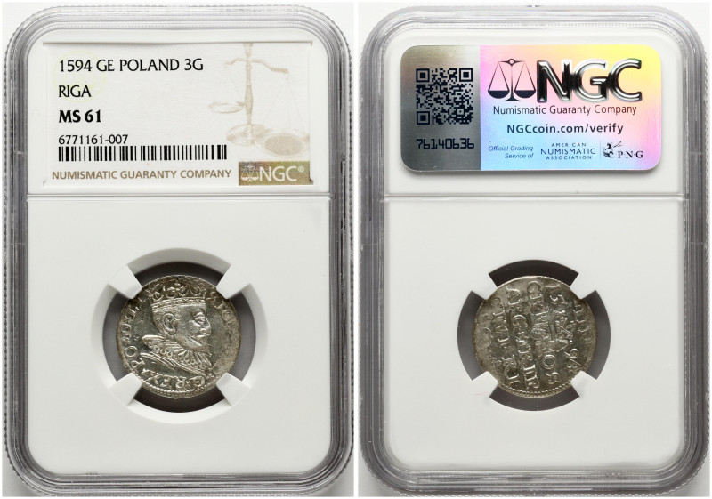 Poland. Zygmunt III Waza (1587–1632). Trojak 1594, Riga. Silver. Iger R.94.1. NG...