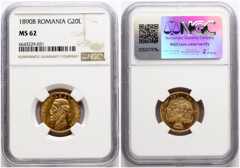 Romania. Carol I (1881-1914). 20 Lei 1890 B. Gold. KM 20. NGC MS 62.
