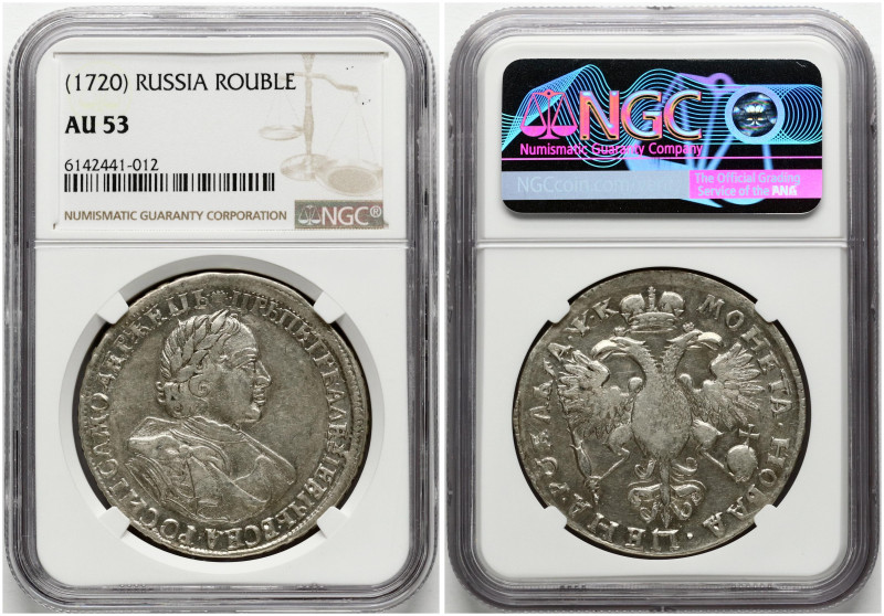 Russia. Peter I (1699-1725). Rouble 1720, 'Portrait in armour'. Clasp on cloak S...