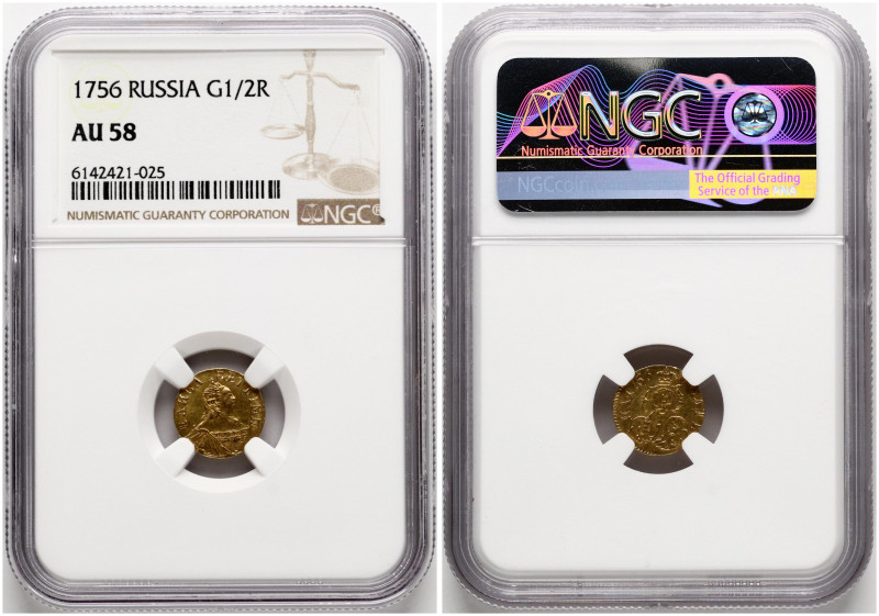 Russia. Elizabeth (1741-1762). Poltina 1756. Gold. Bitkin 70 (R). NGC AU 58.