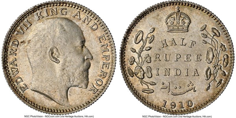 British India. Edward VII 1/2 Rupee 1910-(c) MS63 NGC, Calcutta mint, KM507, S&W...