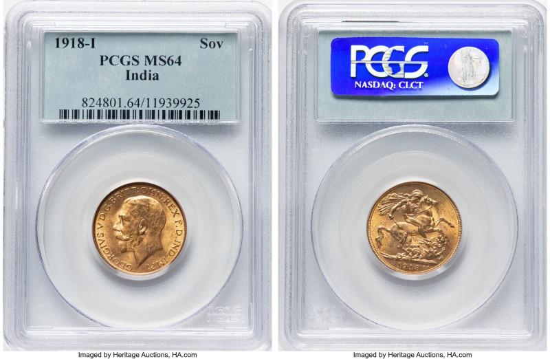 British India. George V gold Sovereign 1918-I MS64 PCGS, Bombay mint, KM-A525, S...