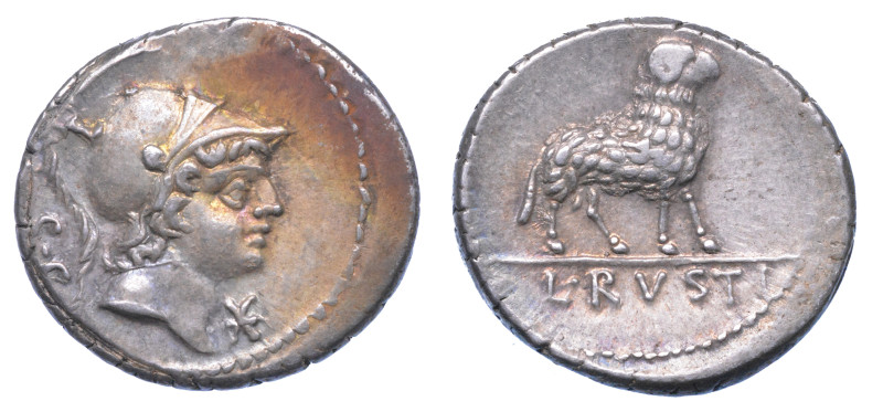 RUSTIA.

L. Rustius, 76 a.C. Denario.

Testa di Marte a d. con elmo crestato...