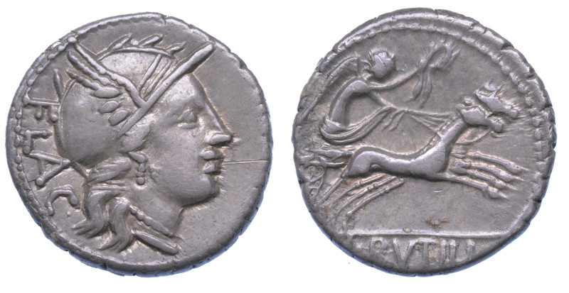 RUTILIA.

L. Rutilius Flaccus, 77 a.C. Denario.

Testa elmata di Roma a d. R...