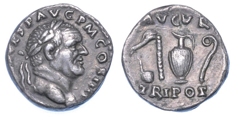 VESPASIANO, 69-79.

Denario, anni 72-73. Roma.

Testa laureata a d. R/ Simpu...