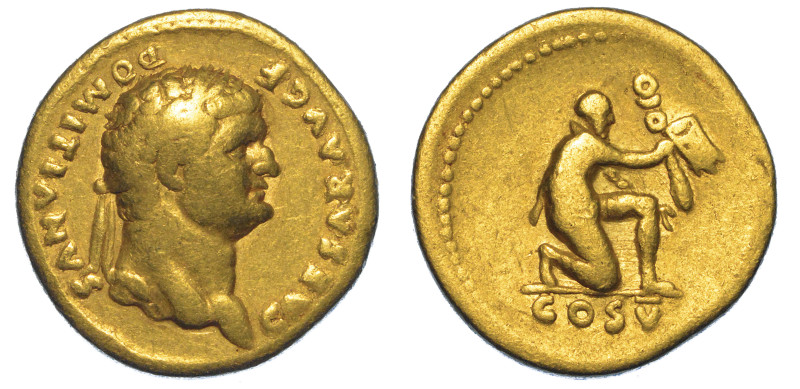 DOMIZIANO (CESARE), 69-81.

Aureo, anni 77-78. Roma.

Testa laureata a d. R/...