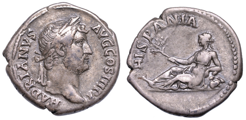 ADRIANO, 117-138.

Denario, anni 130-133.

Testa laureata a d. R/ La Hispani...
