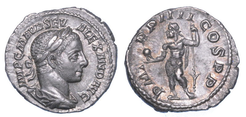 ALESSANDRO SEVERO, 222-235.

Denario, anno 225. Roma.

Busto laureato con pa...