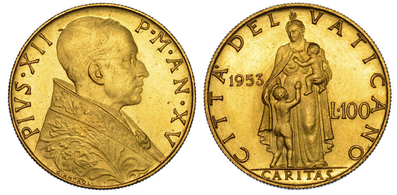 VATICANO. PIO XII, 1939-1958.

100 Lire 1953/A. XV.

Busto a d. con zucchett...