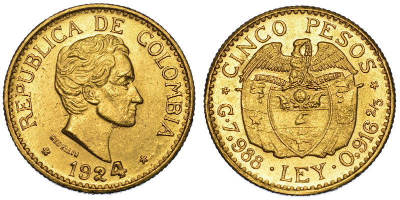 COLOMBIA. REPUBLIC.

5 Pesos 1924. Medellin.

Testa di Simon Bolivar a d. R/...