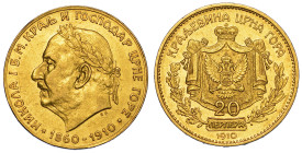 MONTENEGRO. NICOLAUS I, 1860-1918. 20 Perpera 1910.