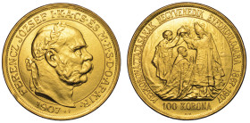 UNGHERIA. FRANZ JOSEPH, 1848-1916. 100 Korona 1907. Per il 40° Anniversario dell'incoronazione. Riconio.