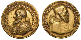 STATO PONTIFICIO. PIO V (Antonio Ghislieri), 1566-1572. Medaglia in bronzo dorato. Commemorazione di Paolo IV.